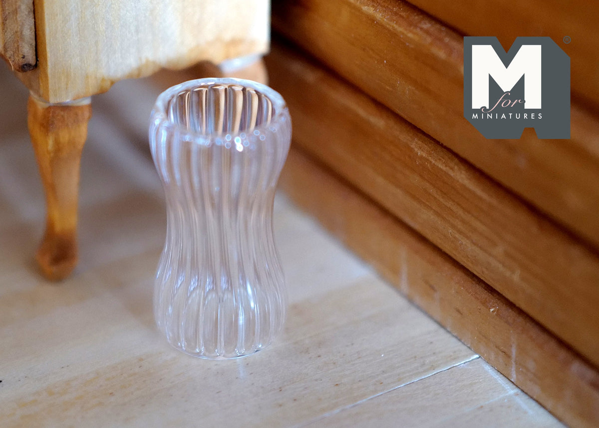 1:12 Scale Miniature Ribbed Glass Vase, Curved Hourglass Shape, 1-7/16 inch tall, DIY Dollhouse Supply (A18)