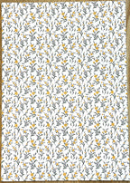 1:12 scale miniature botanical sprig peel and stick wallpaper in white with yellow blooms and gray leaves, full sheet