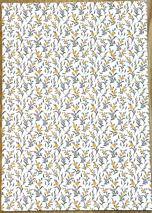 1:12 scale miniature botanical sprig peel and stick wallpaper in white with yellow blooms and gray leaves, full sheet