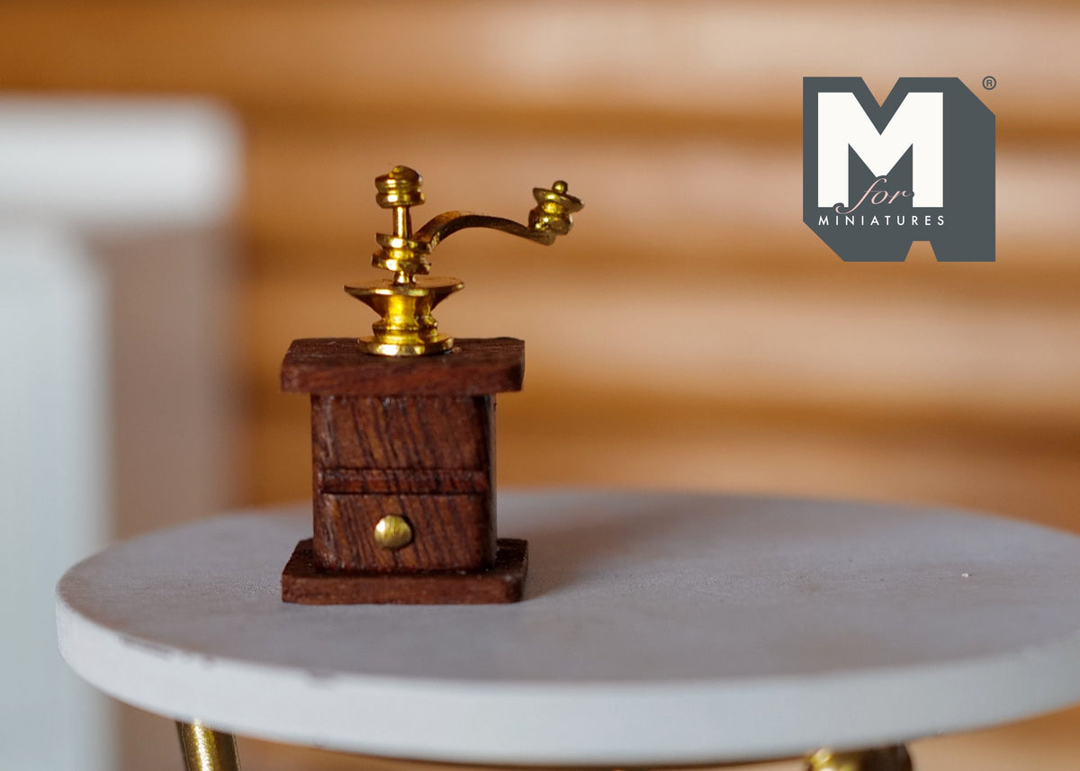1:12 Scale Miniature Coffee Bean Grinder with Crank Handle, 1-3/16 inch tall, DIY Dollhouse Supply (brown and gold)