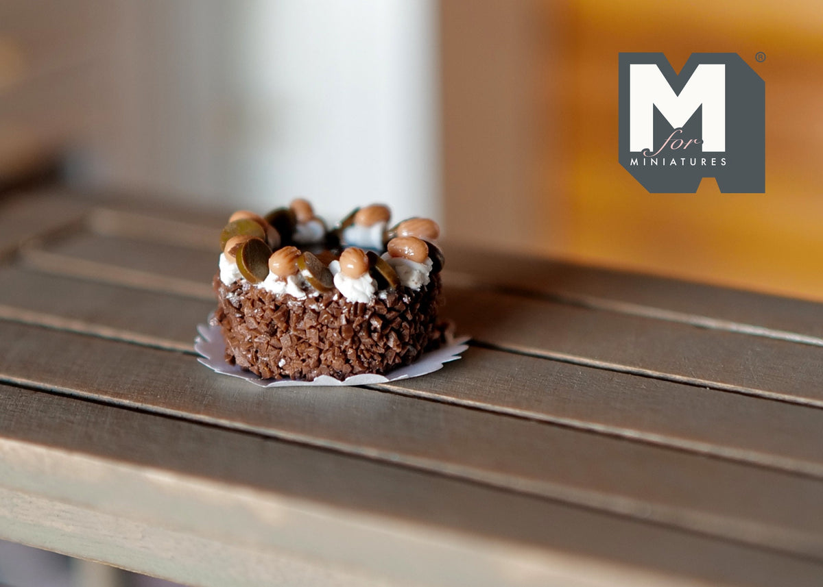 1:12 Scale Miniature Chocolate Almond Cake with Cream Swirls, on Silver Board, 13/16 inch long, DIY Dollhouse Supply