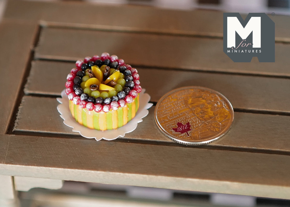 1:12 Scale Miniature Fruit Cake with Raspberries, Blueberries and Grapes, Slice Cut Out, 13/16 inch dia., DIY Dollhouse Supply