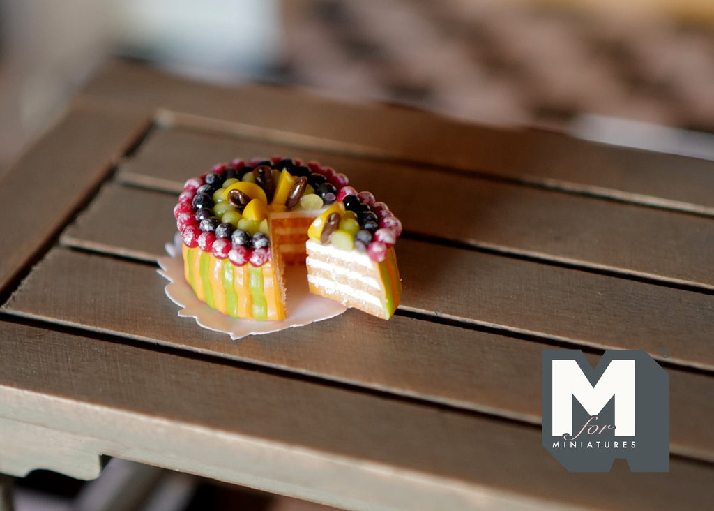 1:12 Scale Miniature Fruit Cake with Raspberries, Blueberries and Grapes, Slice Cut Out, 13/16 inch dia., DIY Dollhouse Supply
