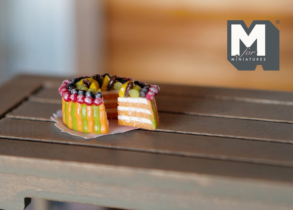 1:12 Scale Miniature Fruit Cake with Raspberries, Blueberries and Grapes, Slice Cut Out, 13/16 inch dia., DIY Dollhouse Supply