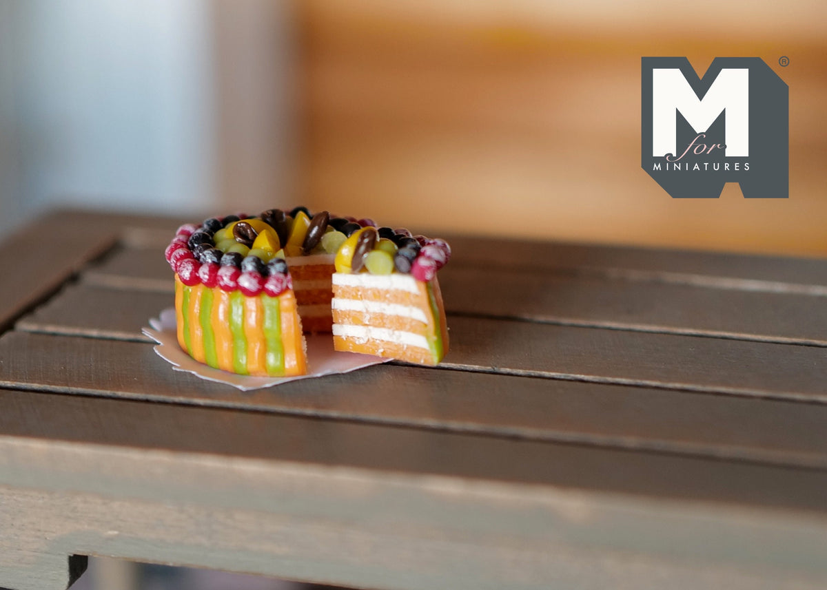 1:12 Scale Miniature Fruit Cake with Raspberries, Blueberries and Grapes, Slice Cut Out, 13/16 inch dia., DIY Dollhouse Supply