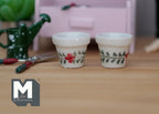 1:12 scale miniature ceramic round flower pots in white with red flowers and green leaf border, large, set of 2