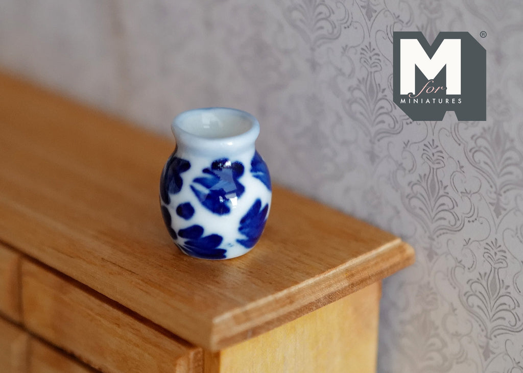 1:12 스케일 미니어처 세라믹 화분, 블루 플로럴 패턴, 높이 7/8인치, DIY 인형의 집 소품