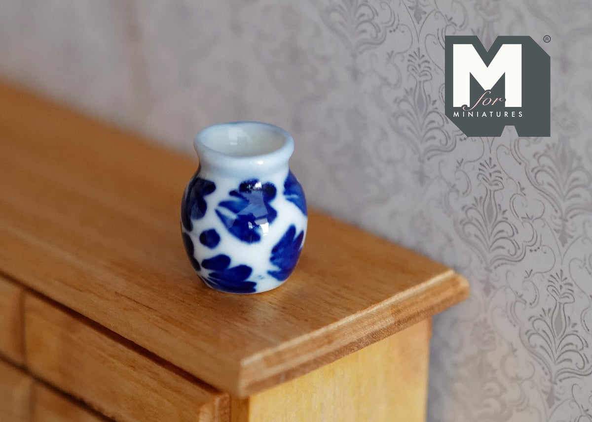 1:12 Scale Miniature Ceramic Flower Pot, Blue Floral Pattern, 7/8 inch tall, DIY Dollhouse Supply