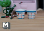 1:12 scale miniature ceramic round flower pots in blue plaid with red lines on white, large, set of 2