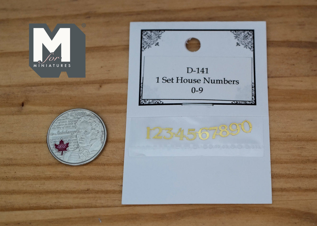 1:12 Scale Miniature House Numbers 0 to 9 Photo Etched, Set of 10, 3/16 inch tall, DIY Dollhouse Supply (brass)