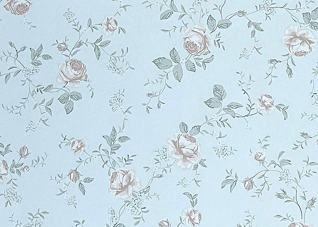 1:12 Scale Miniature Floral Peel and Stick Wallpaper, 8 x 11 inch, DIY Dollhouse Supply (light blue)