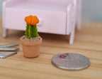 1:12 scale miniature potted column cactus with orange flower, short, in a clay pot, shown beside a coin for scale
