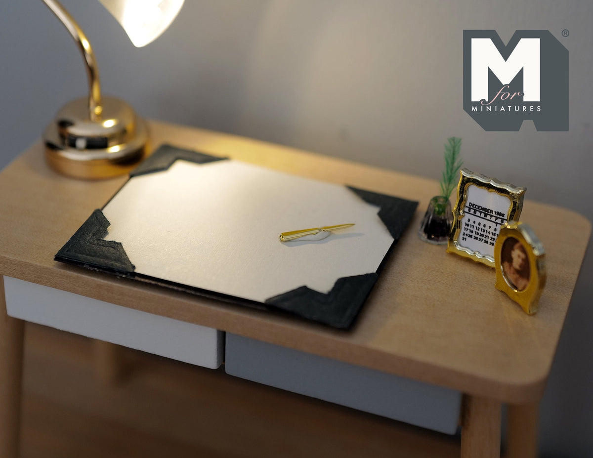 1:12 Scale Miniature Desk Blotter Set with Calendar, Pen, Photo and Inkwell, 1-7/8 inch long, DIY Dollhouse Supply