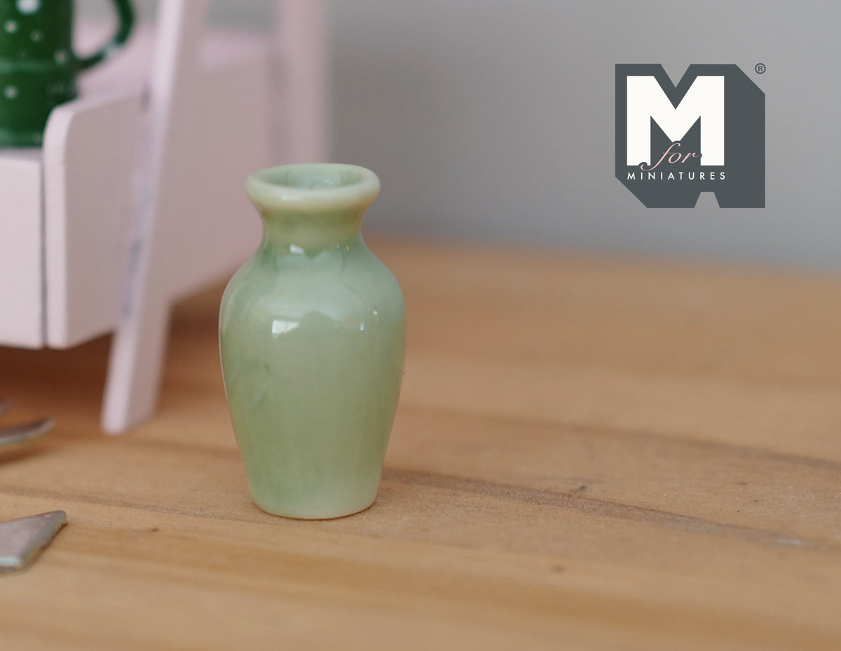 1:12 Scale Miniature Ceramic Baluster Vase, Narrow Neck, 1-1/16 inch tall, DIY Dollhouse Supply (celadon green)