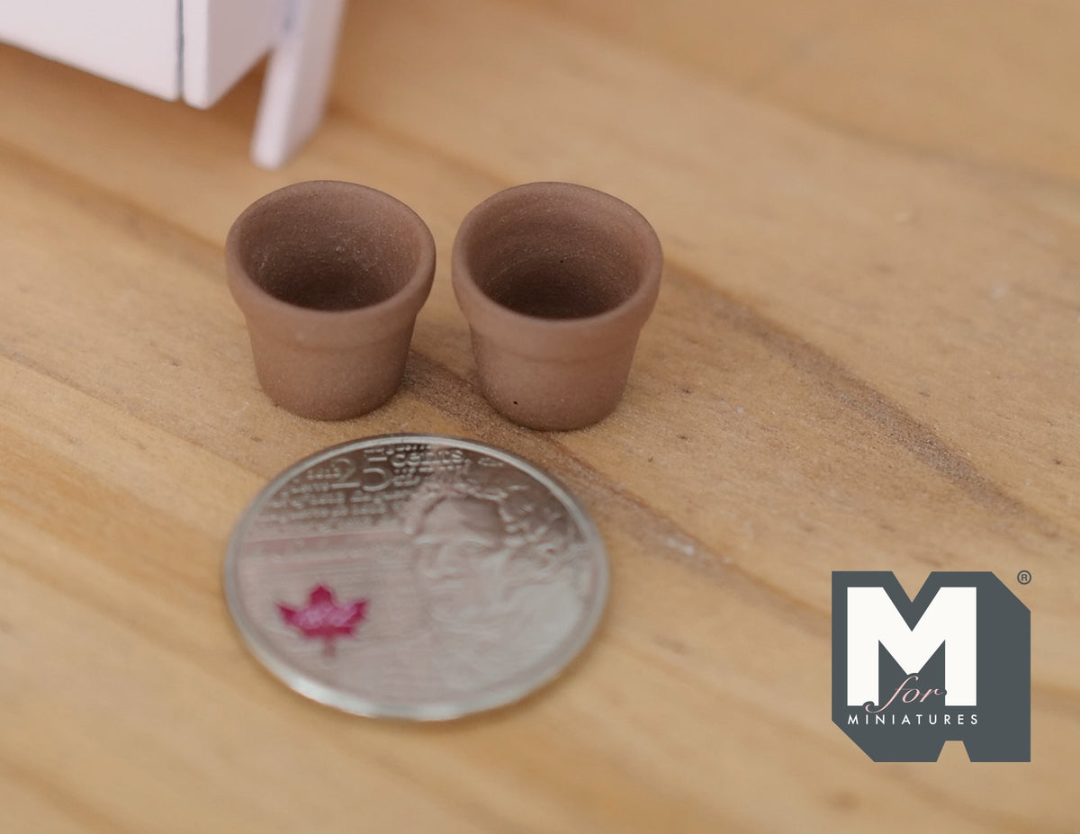 1:12 Scale Miniature Clay Flower Pots with Rim, Set of 2, 1/2 inch tall, DIY Dollhouse Supply