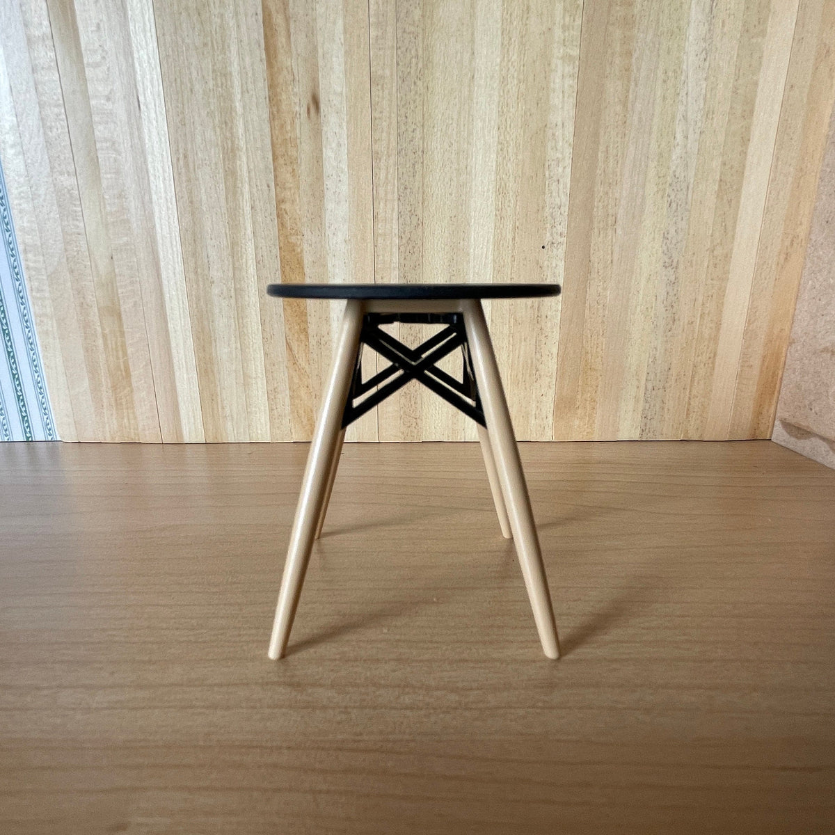 1:12 Scale Miniature Round Patio Table, Black Top, Wood Legs with X Brace, 2-3/8 inch tall, DIY Dollhouse Supply