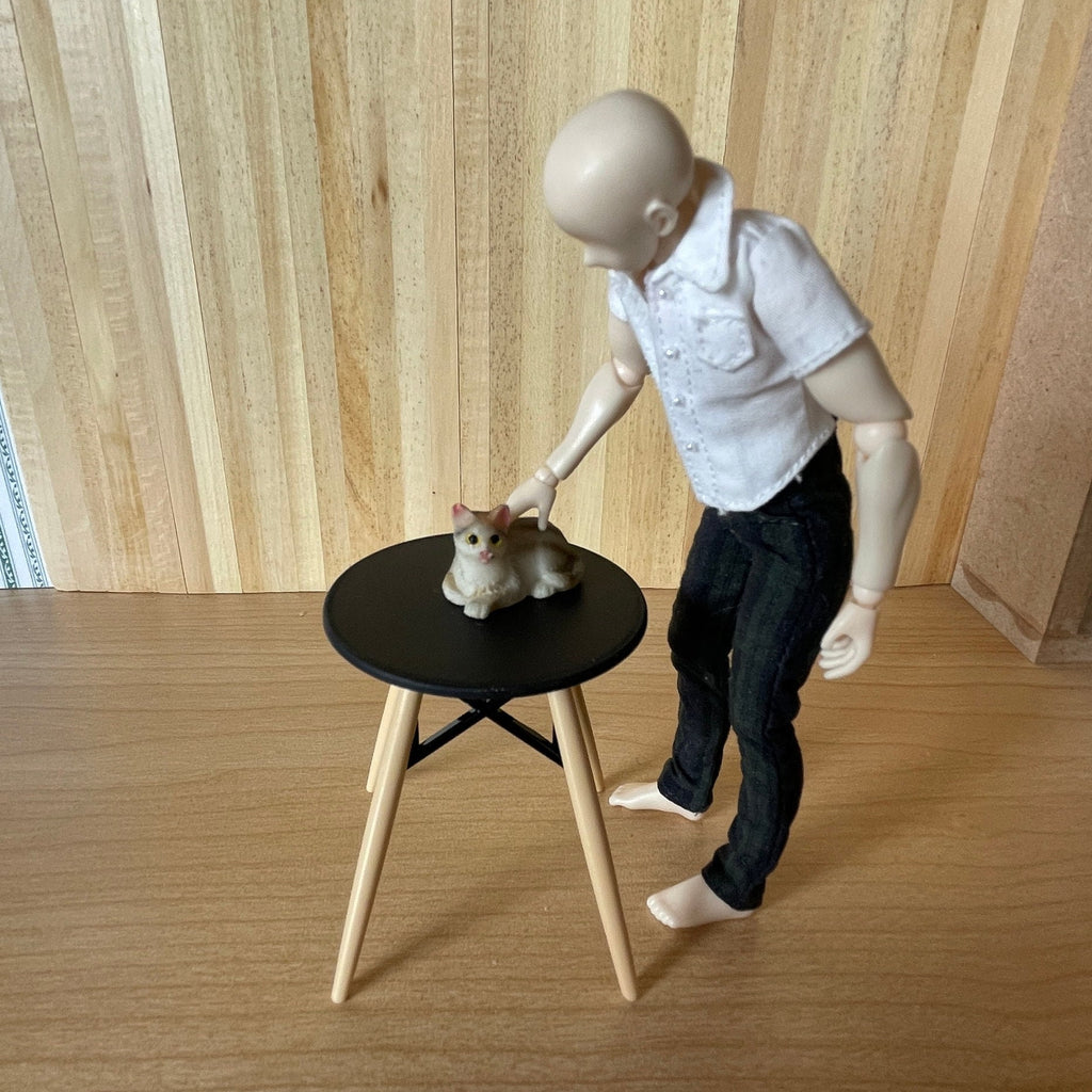 1:12 Scale Miniature Round Patio Table, Black Top, Wood Legs with X Brace, 2-3/8 inch tall, DIY Dollhouse Supply