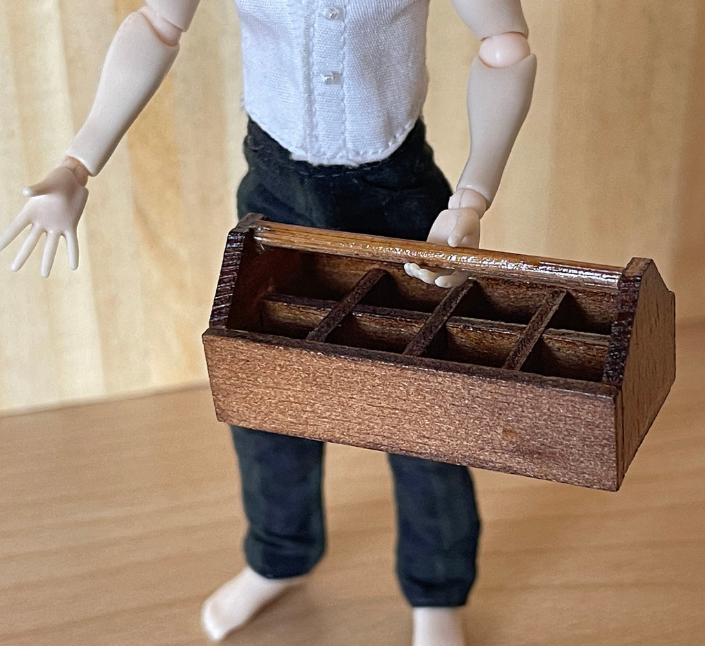 1:12 Scale Miniature Wood Garden Tool Caddy with Handle, 1-15/16 inch wide, DIY Dollhouse Supply (dark brown)