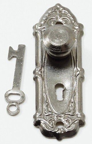 1:12 scale miniature gunmetal door knob with scroll backplate and key, from a set of 2, on a white background