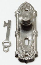 1:12 scale miniature gunmetal door knob with scroll backplate and key, from a set of 2, on a white background