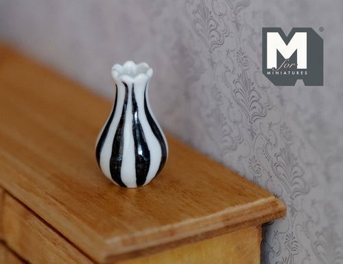 1:12 Scale Miniature Ceramic Striped Bud Vase, Narrow Neck, 1-1/16 inch tall, DIY Dollhouse Supply (white and black)