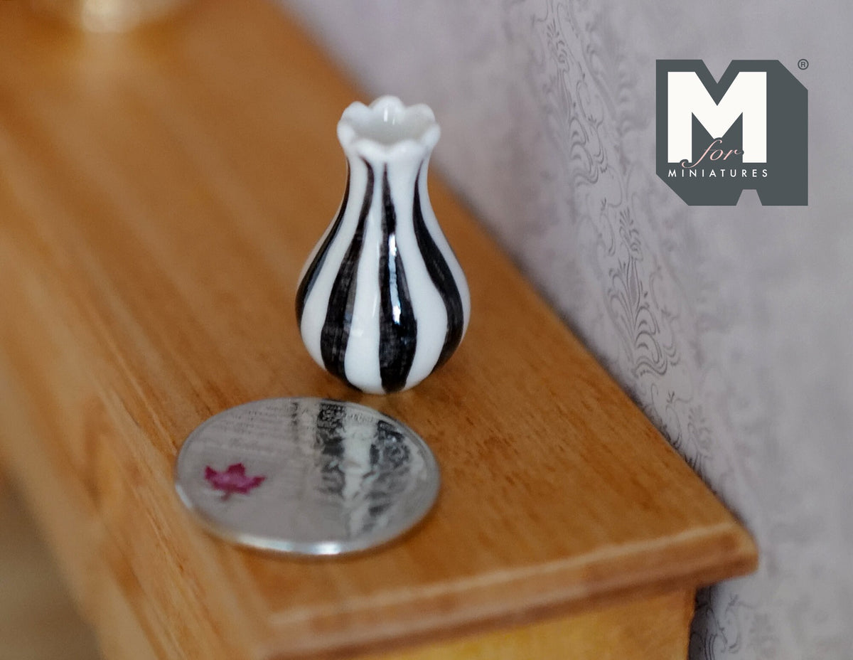 1:12 Scale Miniature Ceramic Striped Bud Vase, Narrow Neck, 1-1/16 inch tall, DIY Dollhouse Supply (white and black)