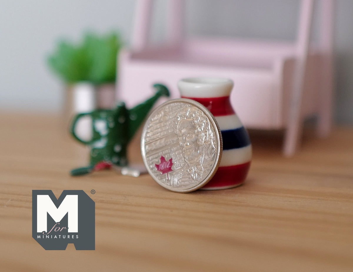 1:12 Scale Miniature Ceramic Flower Vase, Horizontal Stripes, 1-1/16 inch tall, DIY Dollhouse Supply (red, white and navy)