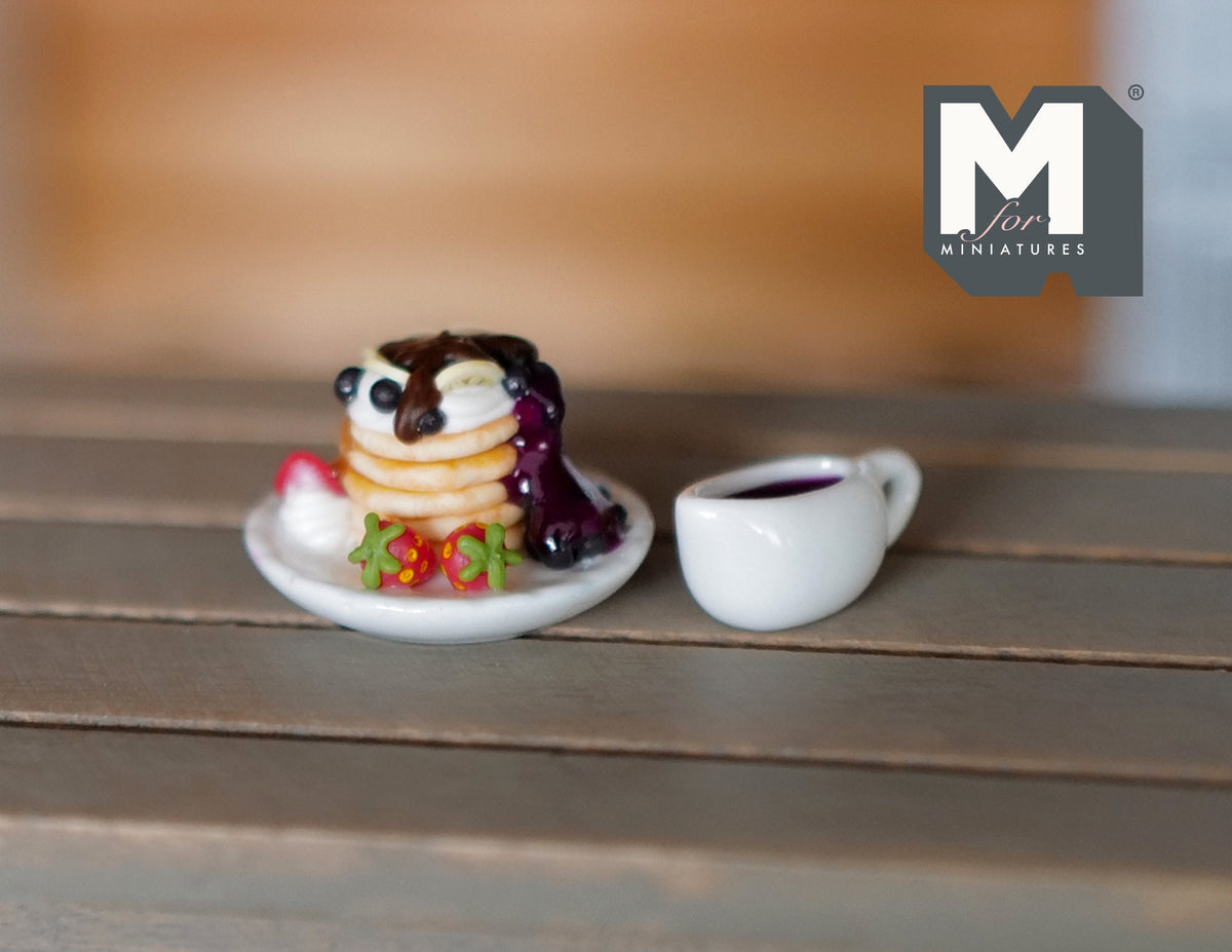 1:12 Scale Miniature Pancake Stack with Chocolate, Banana, Strawberries and Cream, Plate and Syrup Jug, 1 inch tall, DIY Dollhouse Supply