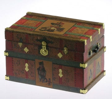1:12 scale miniature cat print lithographed wood trunk kit, shown assembled in red and green with gold corner trim