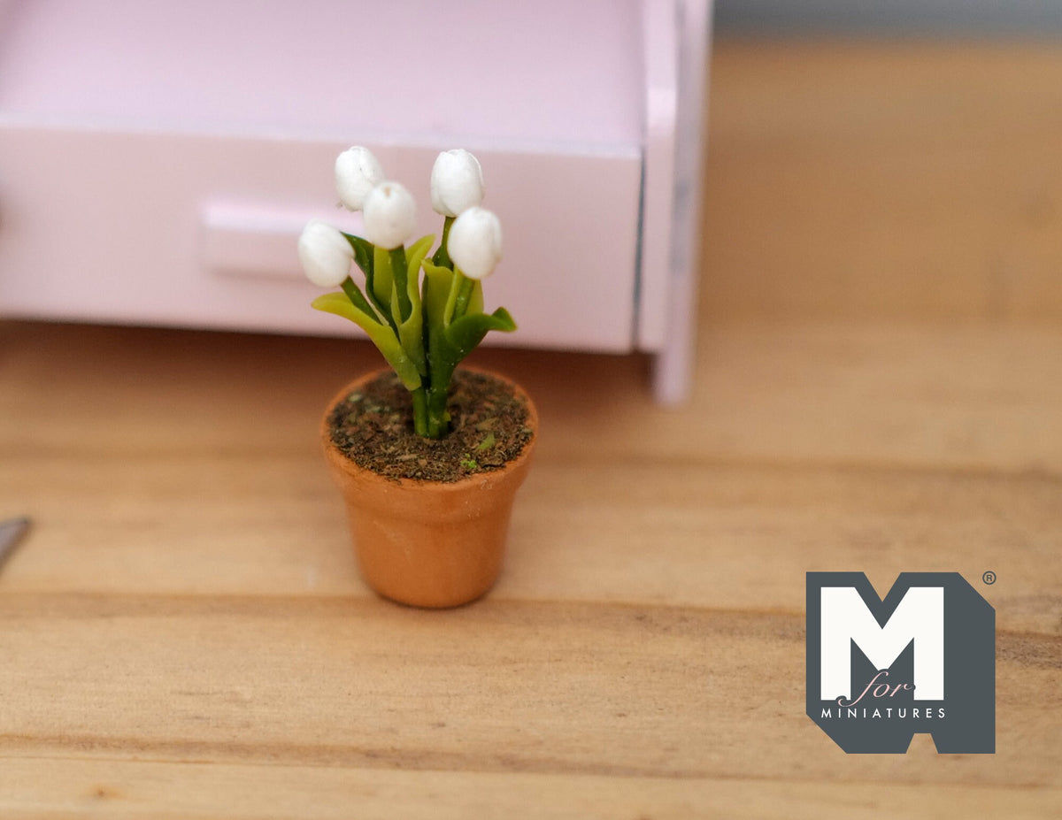1:12 Scale Miniature Potted Tulips, Terracotta Pot, 1-1/4 inch tall, DIY Dollhouse Supply (white)