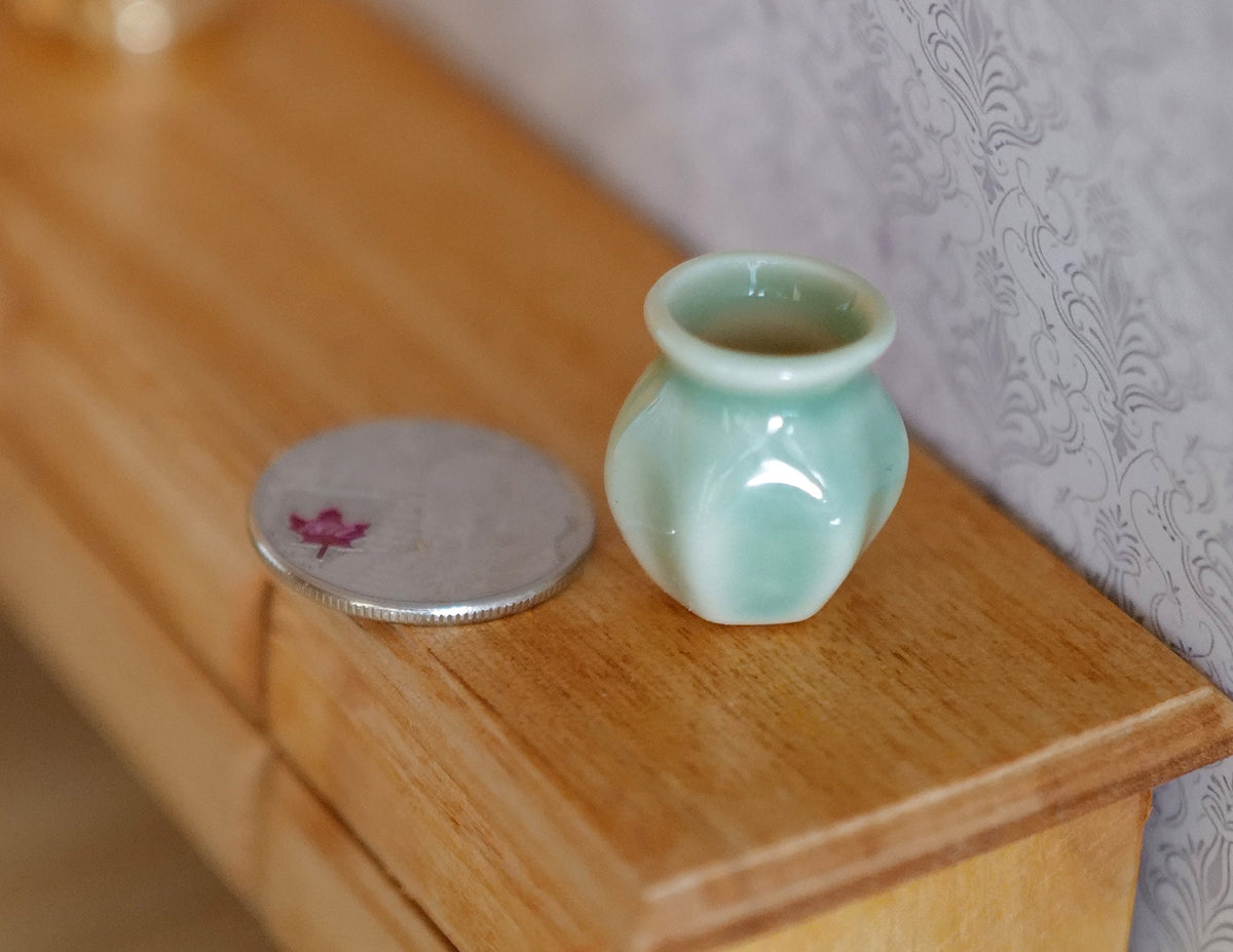 1:12 Scale Miniature Ceramic Faceted Vase with Flared Rim, 7/8 inch tall, DIY Dollhouse Supply (celadon green)