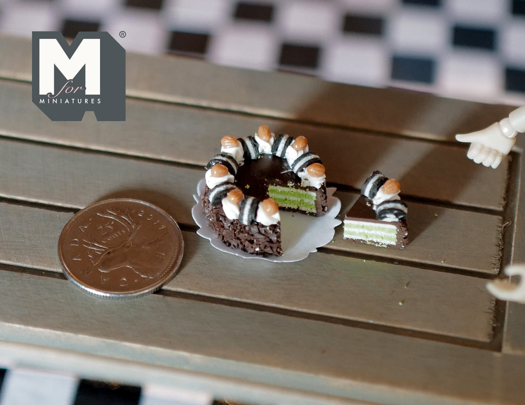 1:12 Scale Miniature Almond and Chocolate Cake Slices on Grey Plate, 13/16 inch long, DIY Dollhouse Supply