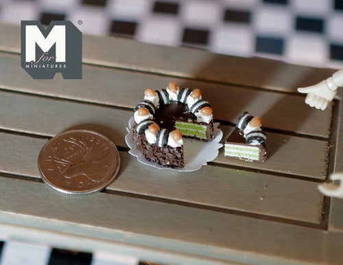 1:12 Scale Miniature Almond and Chocolate Cake Slices on Grey Plate, 13/16 inch long, DIY Dollhouse Supply