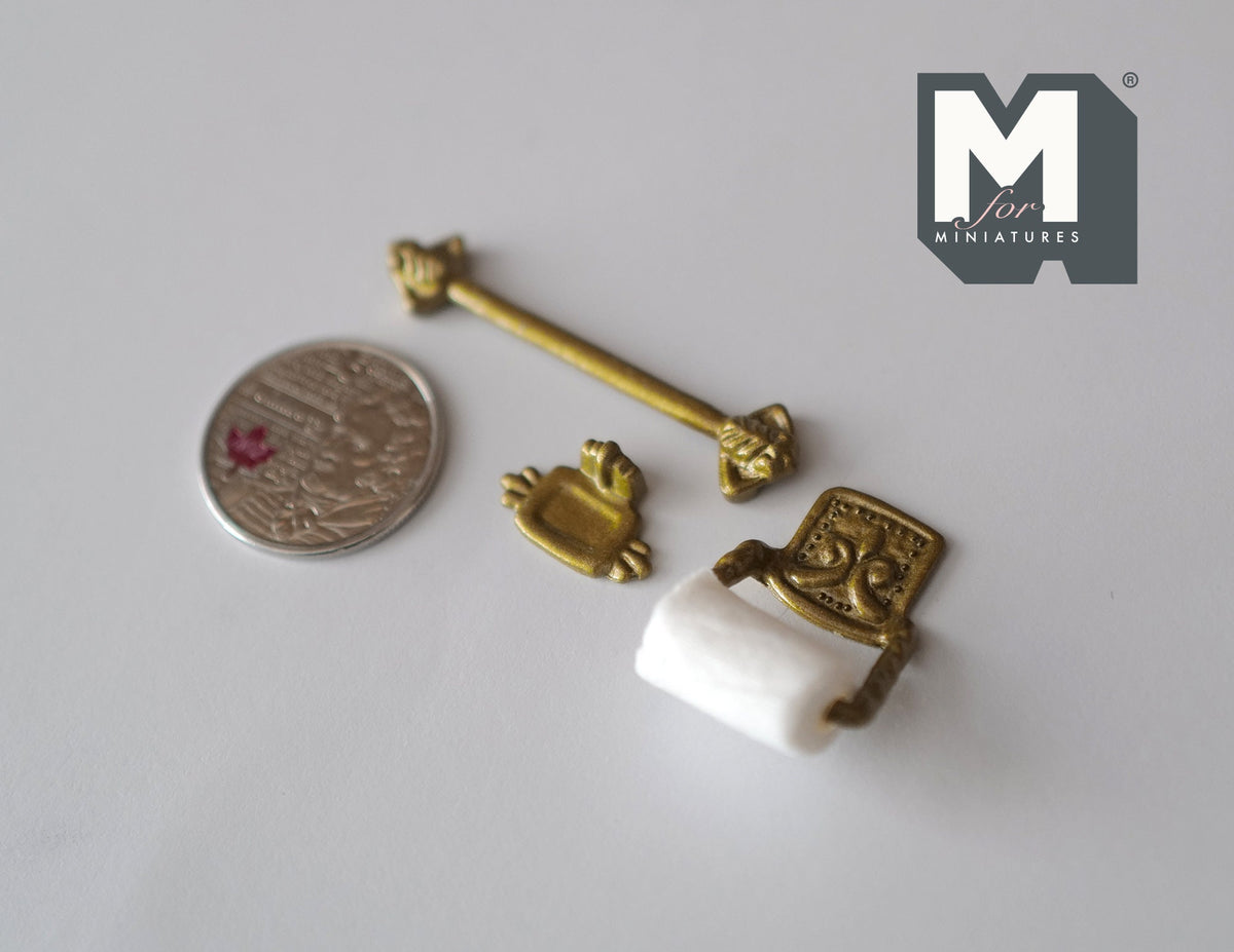 1:12 Scale Miniature Toilet Roll Holder, Towel Bar and Soap Dish, Set of 3, 1-7/8 inch long, DIY Dollhouse Supply (brass)