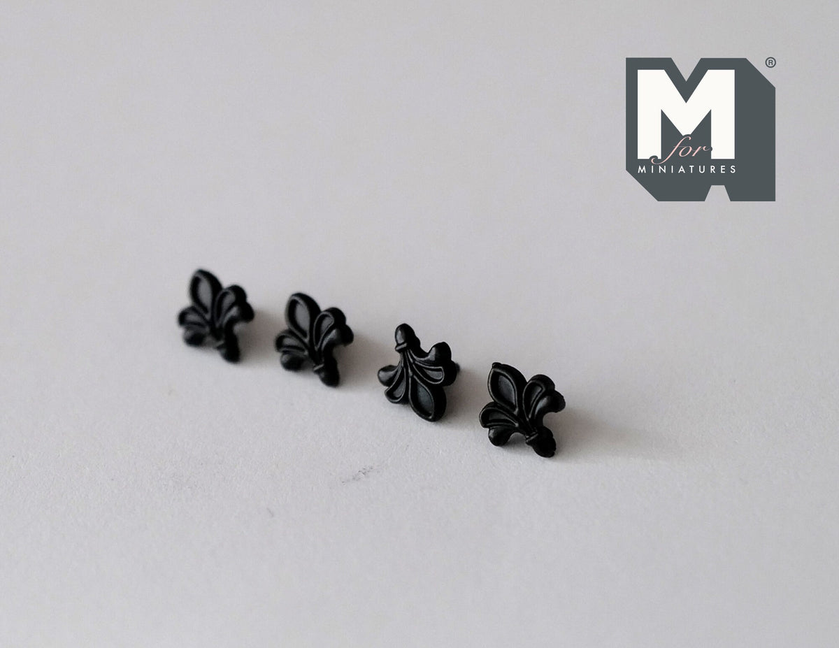 1:12 Scale Miniature Matte Black Fleur de Lis Cabinet Knobs, Set of 4, 3/16 inch dia., DIY Dollhouse Supply (L)