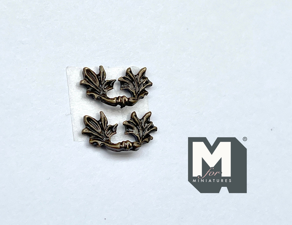 1:12 Scale Miniature Leaf End Drawer Pulls, Set of 2, 9/16 inch wide, DIY Dollhouse Supply (antique brass)