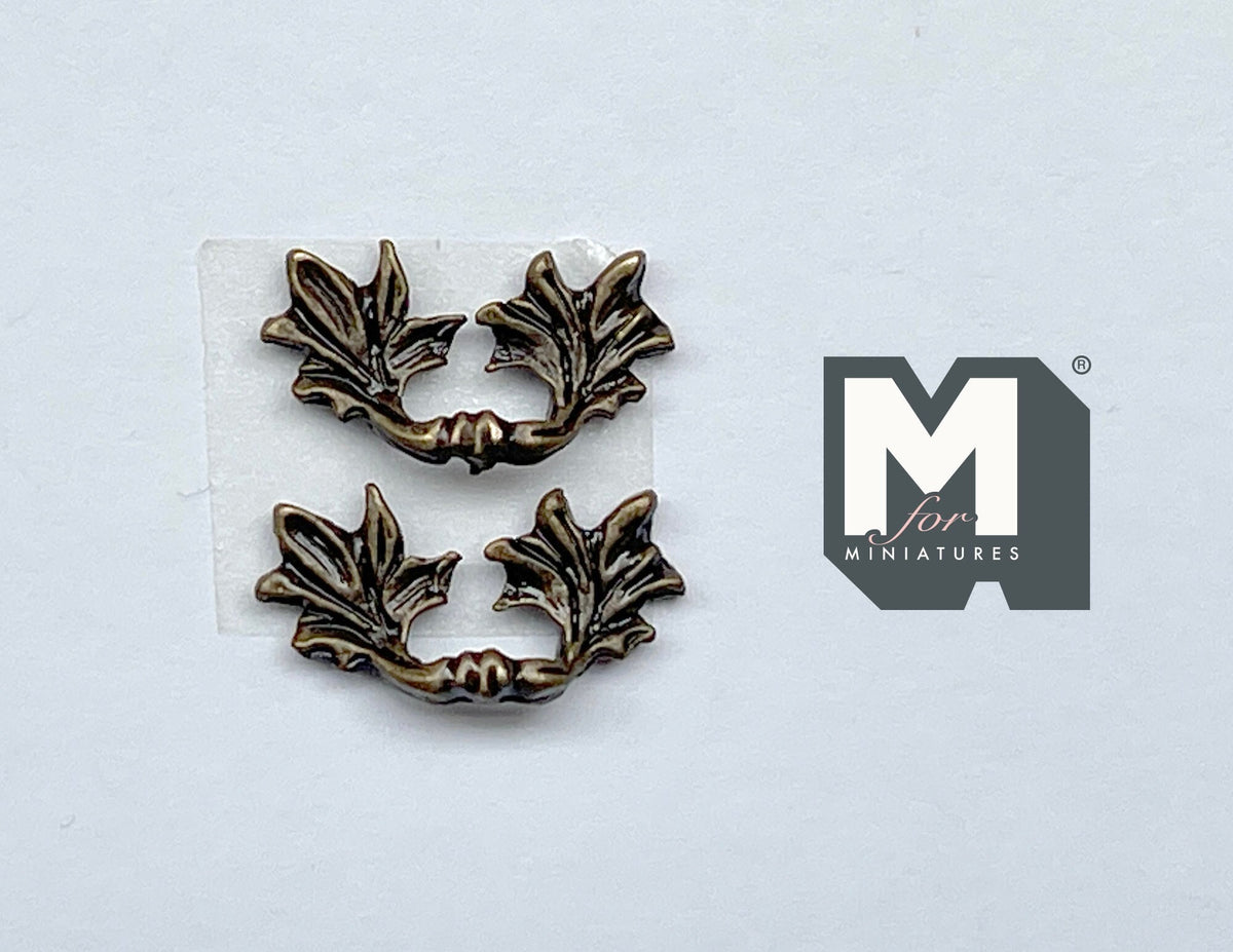 1:12 Scale Miniature Leaf End Drawer Pulls, Set of 2, 9/16 inch wide, DIY Dollhouse Supply (antique brass)