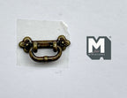 1:12 scale miniature bail drawer pull with clover backplate in antique brass, shown on a white background