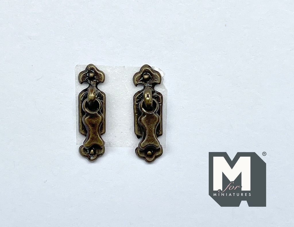 1:12 Scale Miniature Drop Pulls with Backplates, Set of 2, 5/8 inch tall, DIY Dollhouse Supply (antique brass)