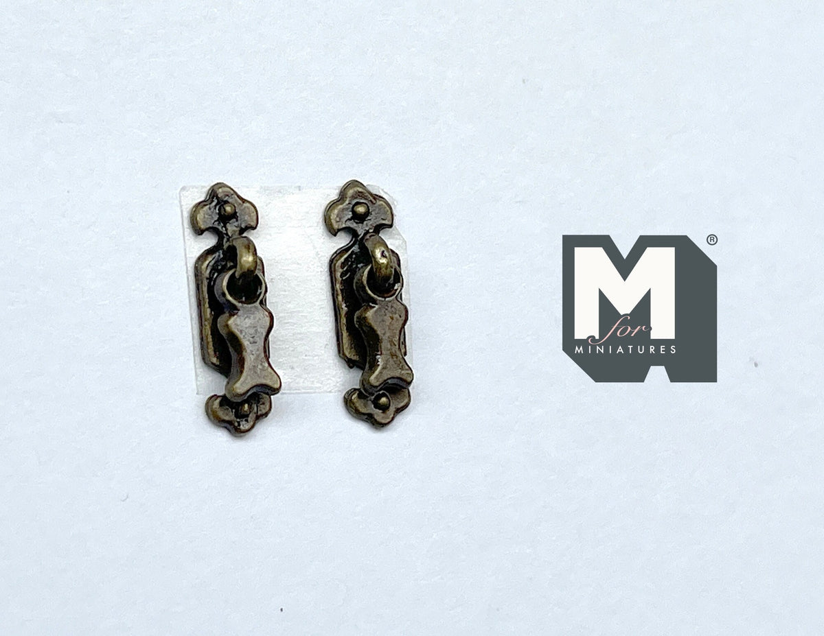 1:12 Scale Miniature Drop Pulls with Backplates, Set of 2, 5/8 inch tall, DIY Dollhouse Supply (antique brass)