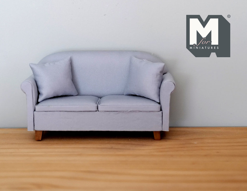 1:12 Scale Miniature Fabric 2 Seat Sofa with Pillows, Wood Legs, 6-5/16 inch long, DIY Dollhouse Supply (gray)