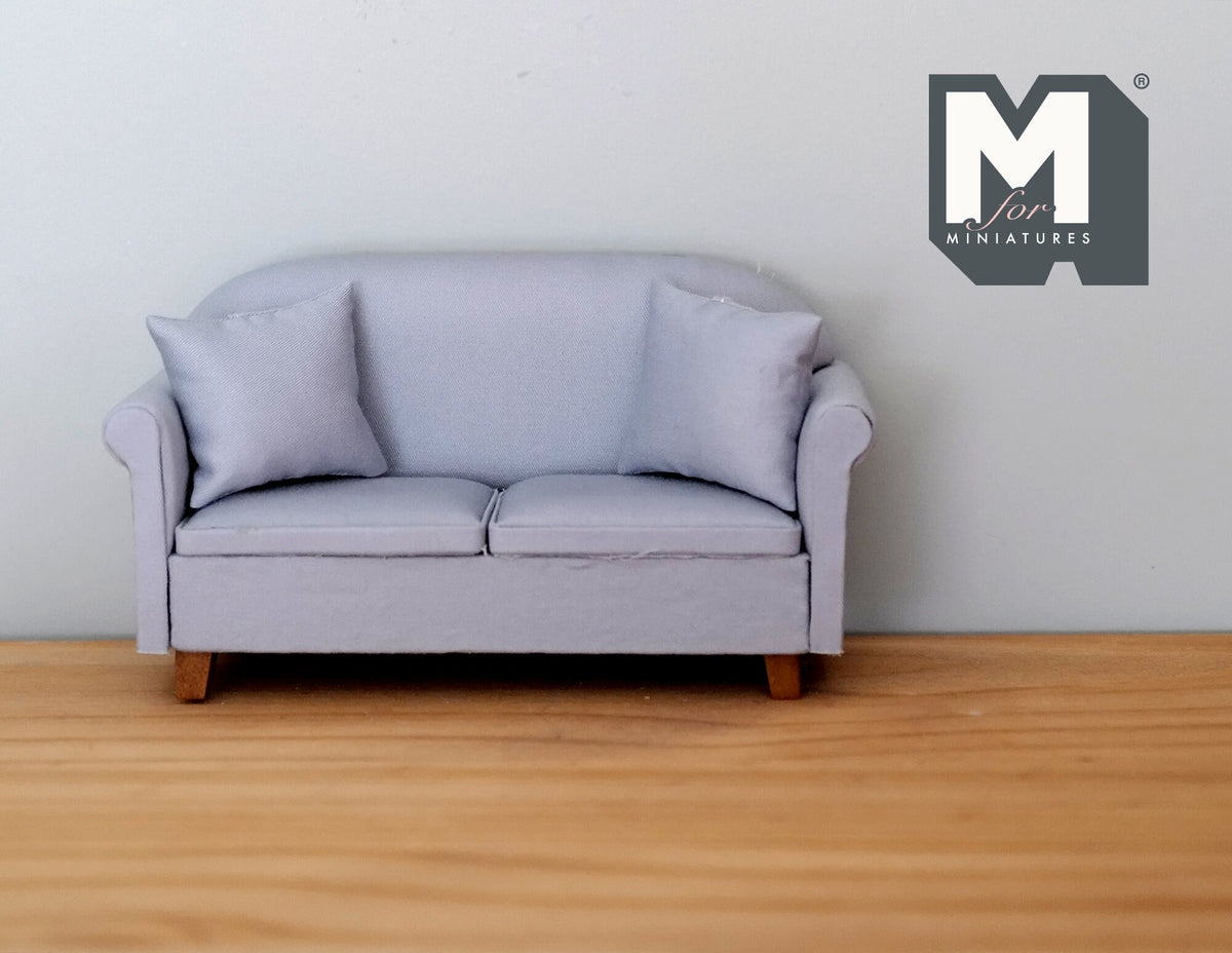 1:12 Scale Miniature Fabric 2 Seat Sofa with Pillows, Wood Legs, 6-5/16 inch long, DIY Dollhouse Supply (gray)