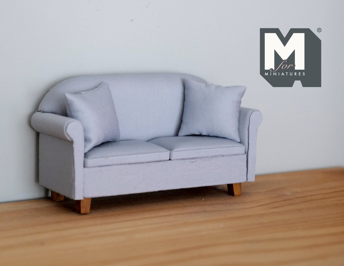 1:12 Scale Miniature Fabric 2 Seat Sofa with Pillows, Wood Legs, 6-5/16 inch long, DIY Dollhouse Supply (gray)