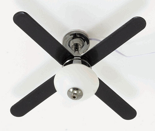 1:12 Scale Miniature Ceiling Fan with Light, 4 Black Blades, 12V, 3-11/16 inch dia., DIY Dollhouse Supply