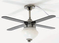 1:12 scale miniature 12V ceiling fan with light, 4 black blades, frosted glass shade and silver body, shown mounted