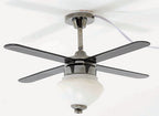 1:12 scale miniature 12V ceiling fan with light, 4 black blades, frosted glass shade and silver body, shown mounted