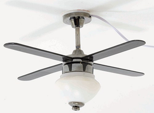 1:12 Scale Miniature Ceiling Fan with Light, 4 Black Blades, 12V, 3-11/16 inch dia., DIY Dollhouse Supply