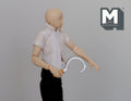 1:12 scale miniature metal sickle with wood handle and curved silver blade, farm harvesting tool held by a figure