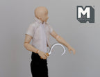 1:12 scale miniature metal sickle with wood handle and curved silver blade, farm harvesting tool held by a figure