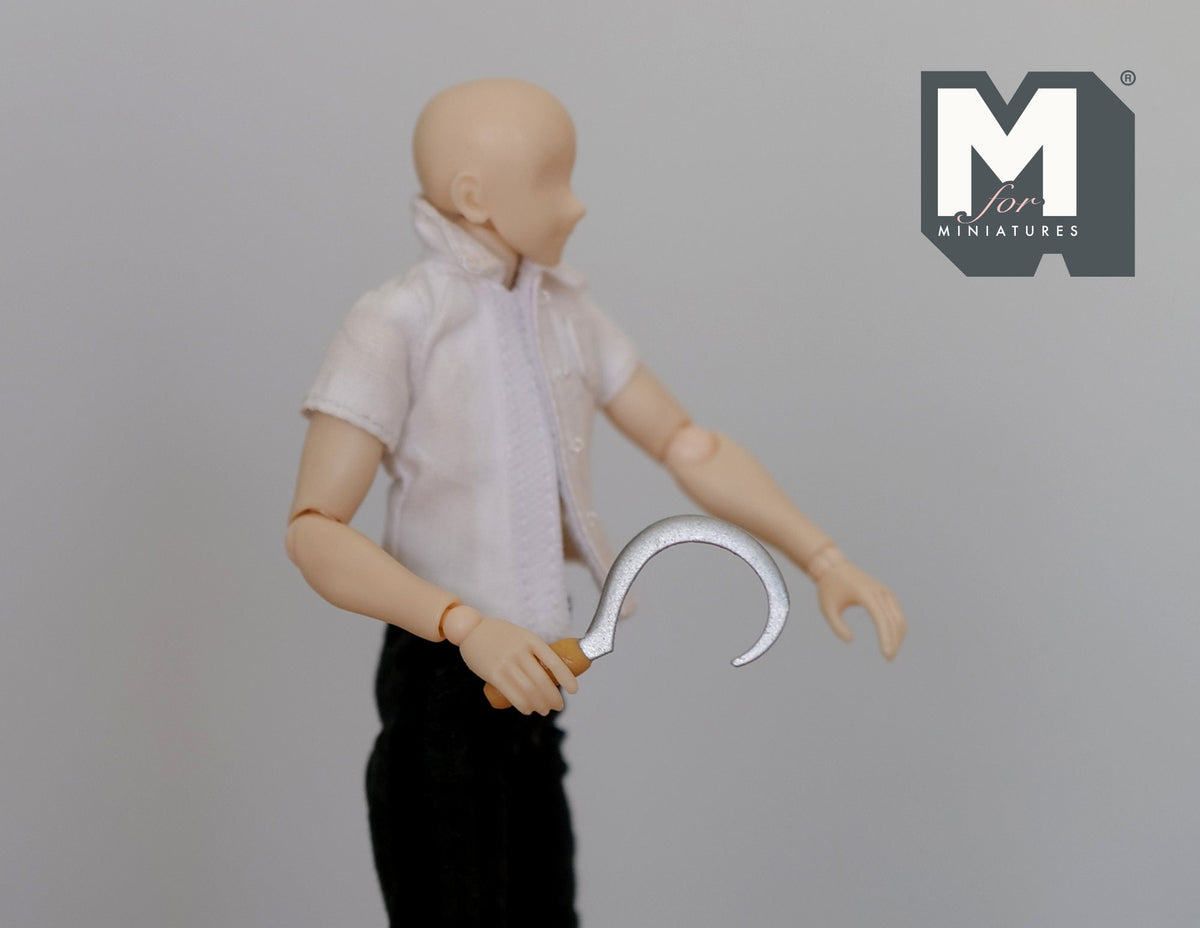 1:12 Scale Miniature Metal Sickle with Wood Handle, Farm Harvesting Tool, 1-3/16 inch long, DIY Dollhouse Supply
